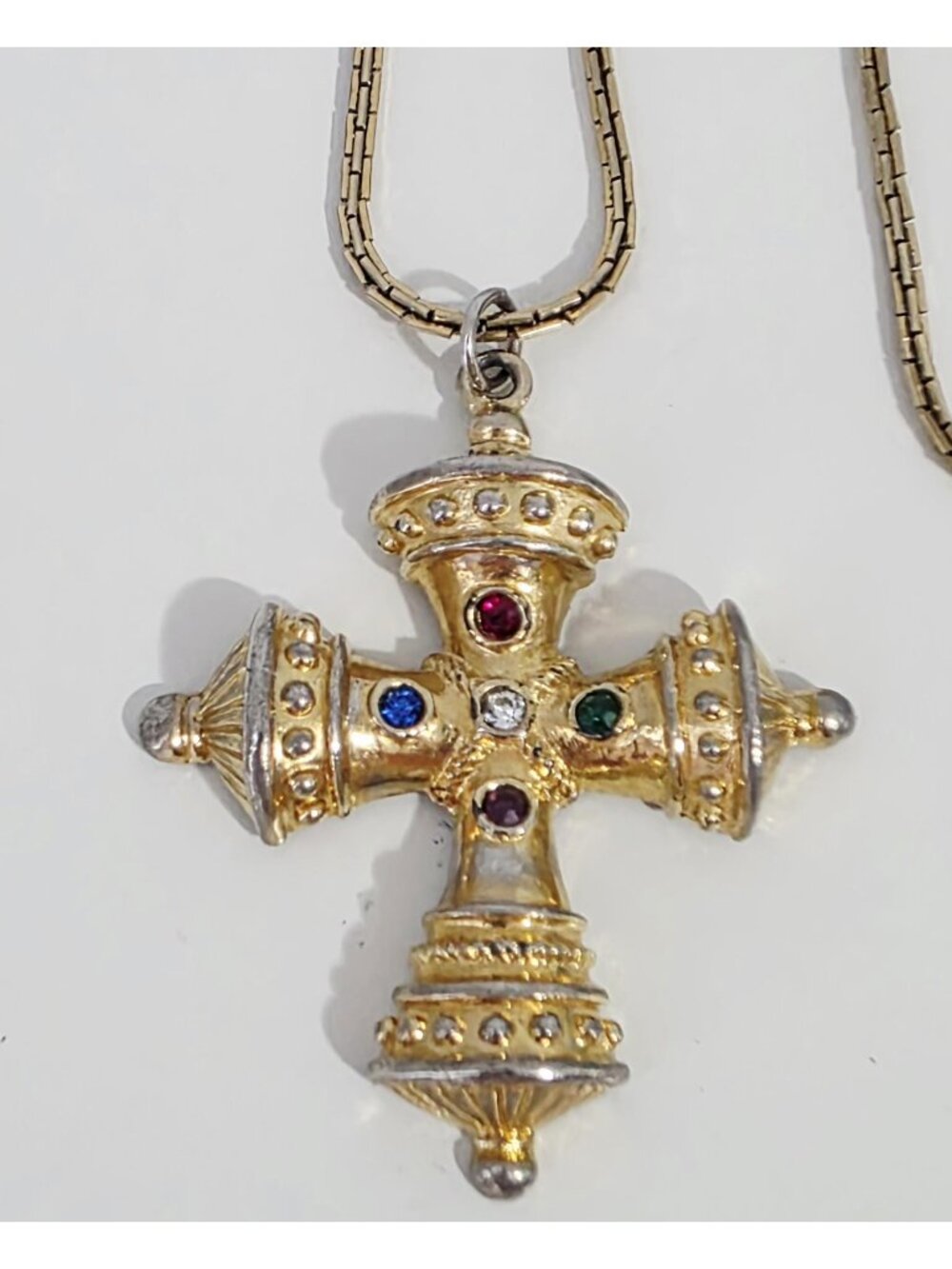 Vintage 1980s Ornate Jeweled Byzantine Cross Pendant with Signed Monet Chain